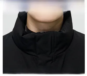 Detailed view of the windproof stand-up collar design on this men's black winter jacket