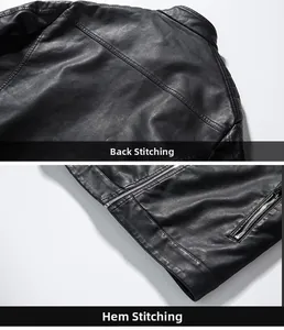 Close-up of black PU leather jacket featuring back stitching and silver metal zipper details