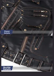 Detail of black PU leather motorcycle jacket with zippers and contrast stitching