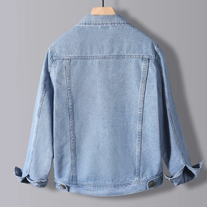 Classic light blue denim jacket for men featuring back yoke seams and adjustable hem buttons