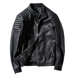 Men Slim Fit PU Leather Biker Jacket Stand Collar Zipper Casual Quilted Shoulder Moto Outerwear Coat For Daily Streetwear