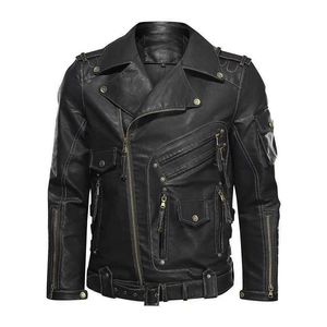 Men's Faux PU Leather Motorcycle Jacket Punk Style Asymmetric Zipper Multi Pocket Belted Moto Biker Coat For Autumn Winter