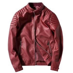 Deep red faux leather biker jacket for men with mandarin collar and quilted shoulders
