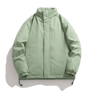 Minimalist mint green puffer jacket with stand collar and drawstring hem for men