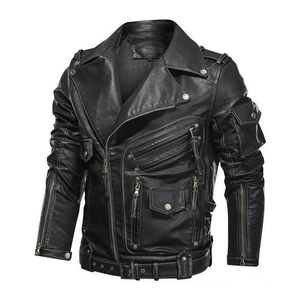 Men's black PU leather motorcycle jacket with multiple zippers and punk style details