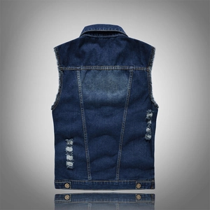 Slim fit blue denim vest for men featuring distressed back detail and washed finish