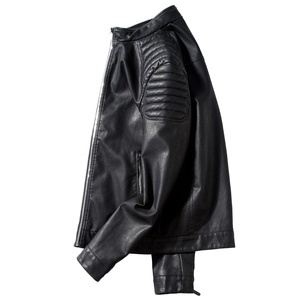 Men's black PU leather biker jacket with stand collar and quilted shoulder details