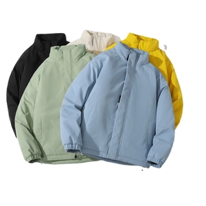 Puffer jacket in multiple colors including olive green and blue with stand collar design