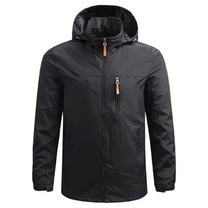 Men's black windproof hooded outdoor jacket with mesh lining and adjustable cuffs
