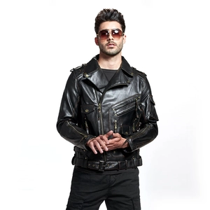 Mens black punk PU leather motorcycle jacket with multi zippers and industrial belt style