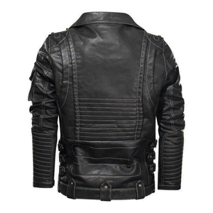 Mens black PU leather motorcycle jacket with padded elbows and adjustable waist buckles