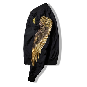 Black MA-1 bomber jacket with gold wing embroidery and Eagle badge on sleeve and chest
