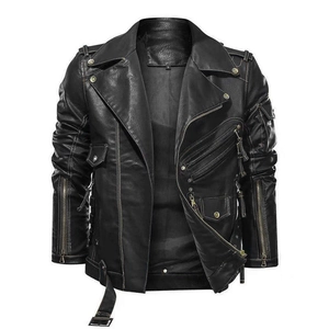 Men's black punk PU leather motorcycle jacket with multi-zipper pockets and belted waist