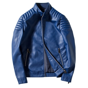 Classic navy blue faux leather motorcycle jacket for men with quilted shoulder details