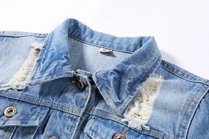 Slim fit light blue distressed denim jacket with classic collar and vintage buttons