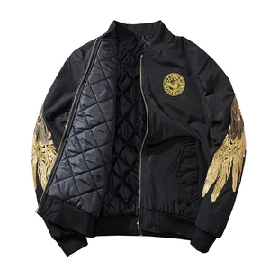 Black MA-1 bomber jacket with gold wing embroidery and quilted lining for men and women