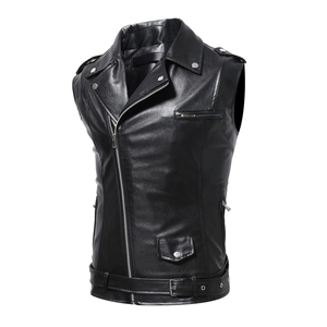 Slim fit black faux leather biker vest for men with asymmetrical zipper and belt details