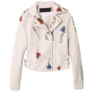 Chic beige PU leather biker jacket with floral embroidery and metallic stud details