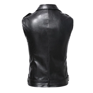 Men's slim fit black PU leather motorcycle vest featuring shoulder straps and waist belt back view