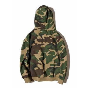 Classic forest camouflage hoodie for men and women featuring ribbed cuffs and a flat back view
