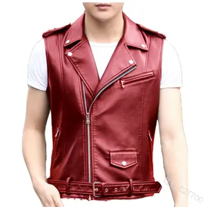 Detail of red faux leather motorcycle vest with silver zippers and waist belt