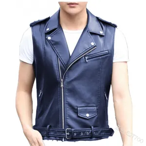 Detail view of navy blue PU leather motorcycle vest with lapels and silver zippers