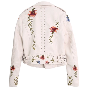 Women's cream PU biker jacket with floral embroidery and punk metal rivets back view