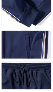Détails du survêtement bleu marine avec bandes rayées et taille élastique à cordon
