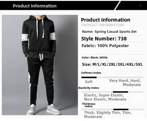 Detail view of men's black and white tracksuit with 100% polyester fabric specifications