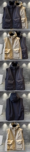 Detailed views of hooded utility vests in khaki and blue with large front pockets