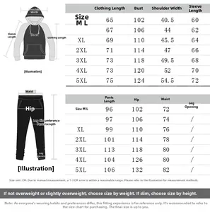 Detailed size chart for men's athletic hoodie and pants set from M to 5XL