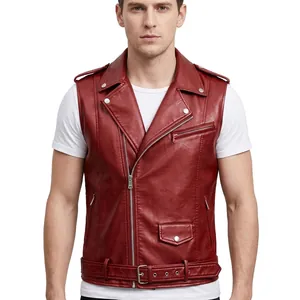 Men's slim fit red faux leather biker vest with asymmetrical zipper and adjustable belt