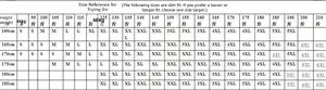 Size chart for slim fit denim vest covering sizes S to 6XL based on height and weight