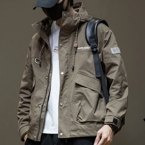 American style khaki hooded cargo jacket for men featuring multi-pockets and windproof fabric