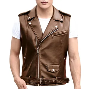 Men's punk biker PU leather vest in brown with asymmetrical zipper and lapel, style E2T700