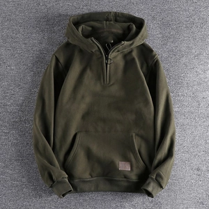 Men Quarter Zip Hoodie Heavyweight Cotton Blend Kangaroo Pocket Leather Patch Casual Streetwear Solid Color Hooded Sweatshirt