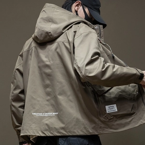 Men's khaki hooded technical jacket with urban utilitarian multi-pocket design