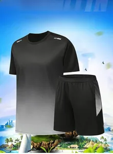 Detail of men's quick-dry sports set with gradient grey tee and black running shorts