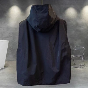Deep blue hooded utility vest for men with wide silhouette and back hood view