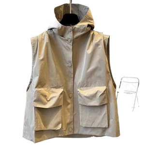 Front view of a beige hooded utility vest with large flap pockets in cargo style