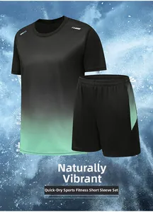 Detail showing gradient sports t-shirt and shorts with moisture-wicking fabric