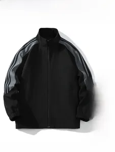 Detail of men's casual sports jacket showing stand collar and contrast stripe sleeve