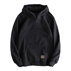 Men's stylish black quarter-zip hoodie featuring a hood and leather label detail