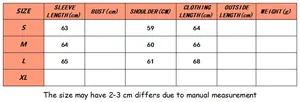 Size chart for women's PU leather jacket showing sleeve, shoulder, and clothing length