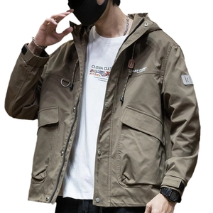 Olive green hooded utility jacket for men with multiple pockets and tactical design
