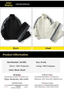 Detailed size chart and specifications for men's striped casual sports jacket set