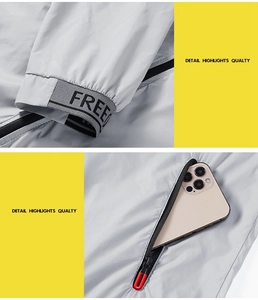 Detail view of zippered side pocket and printed ribbed cuffs on gray sun protection jacket