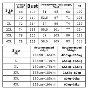 Detailed size chart for men casual sport suit with height and weight recommendations