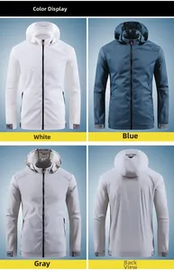 Detailed views of men's breathable UV sun protection jackets in white, blue, and gray colors