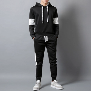 Men's autumn black tracksuit featuring hooded sweatshirt and matching slim joggers with white panels
